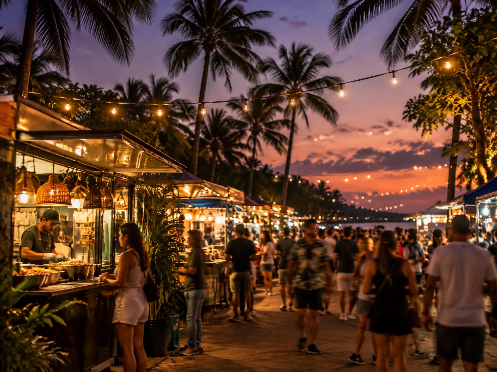 Darwin night market stalls under string lights at dusk