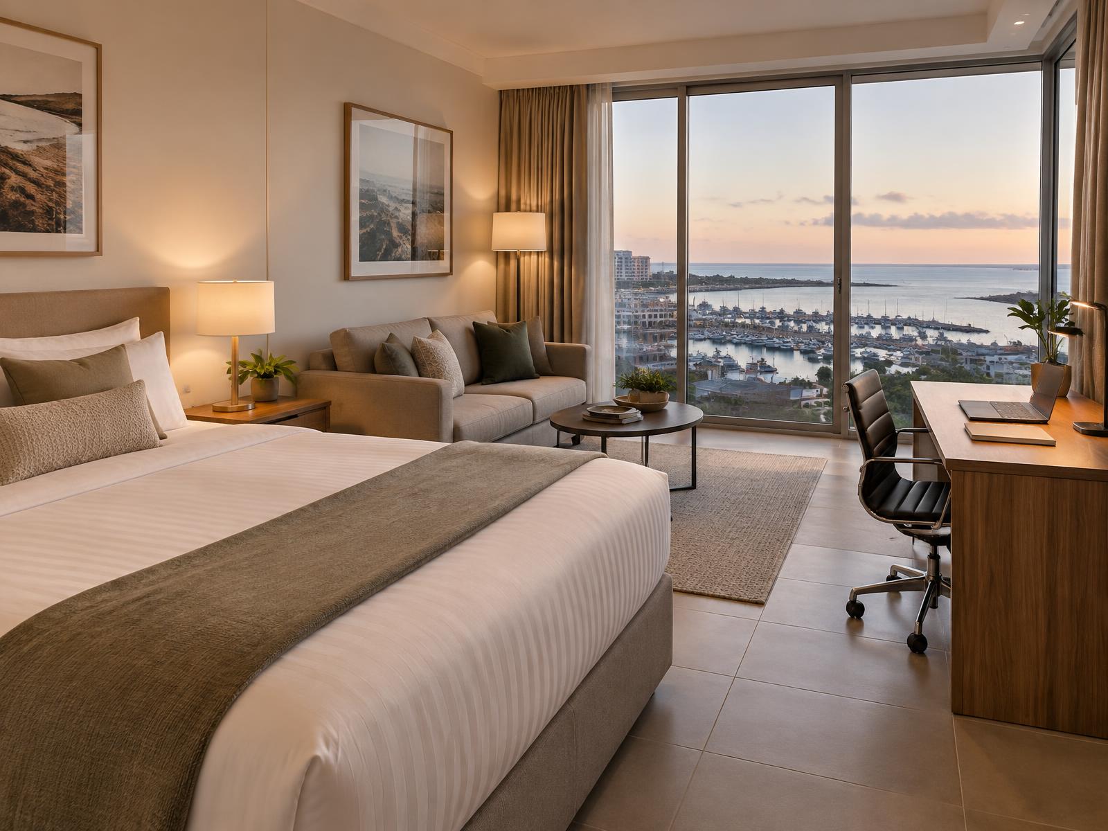 Executive furnished apartment with a work desk and harbour view