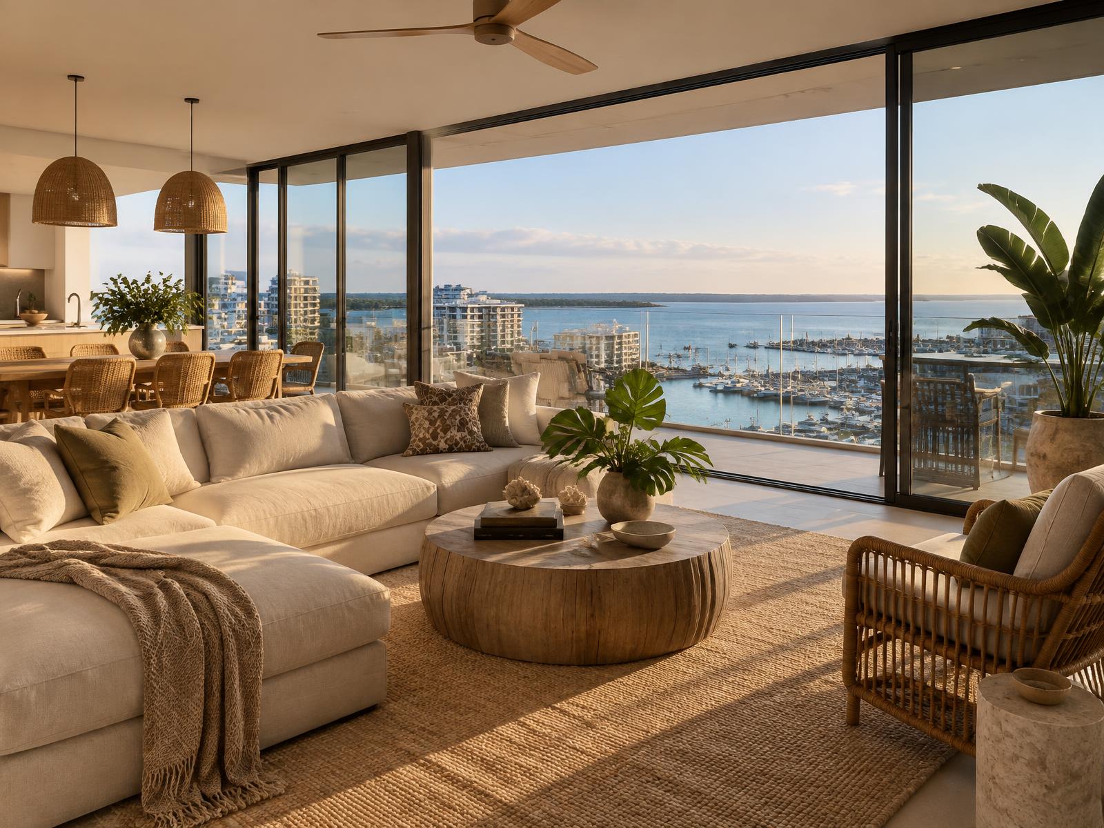 Penthouse living area with harbour views in Darwin