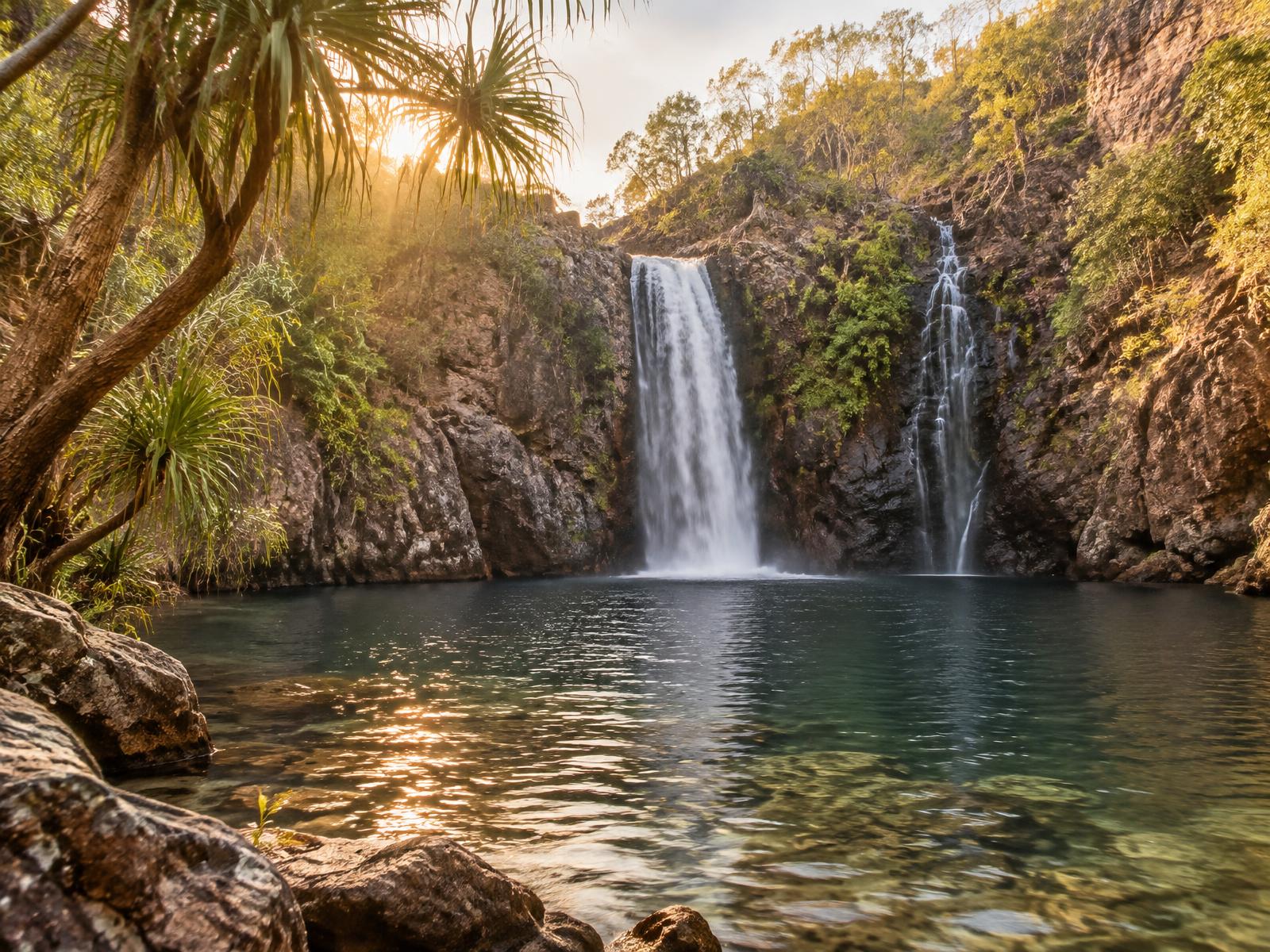 Litchfield waterfall and plunge pool in golden afternoon light