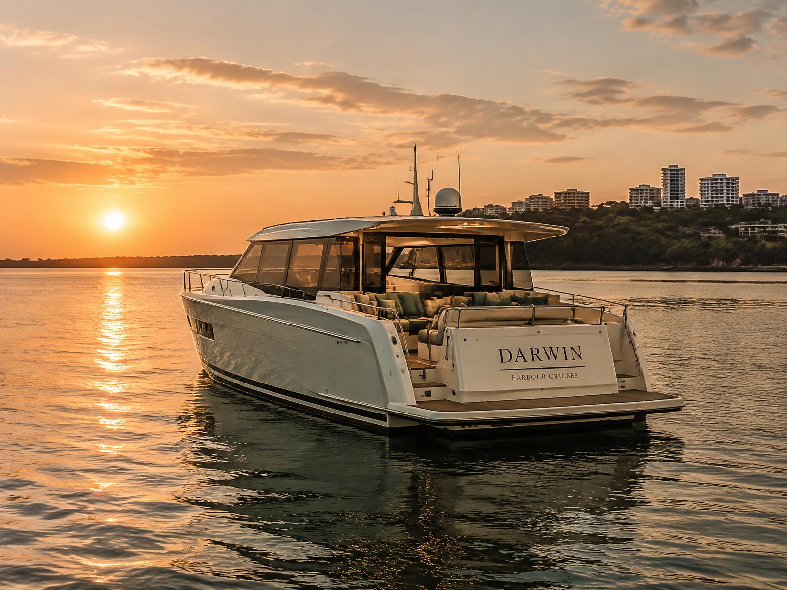 Private cruise boat on Darwin Harbour at sunset
