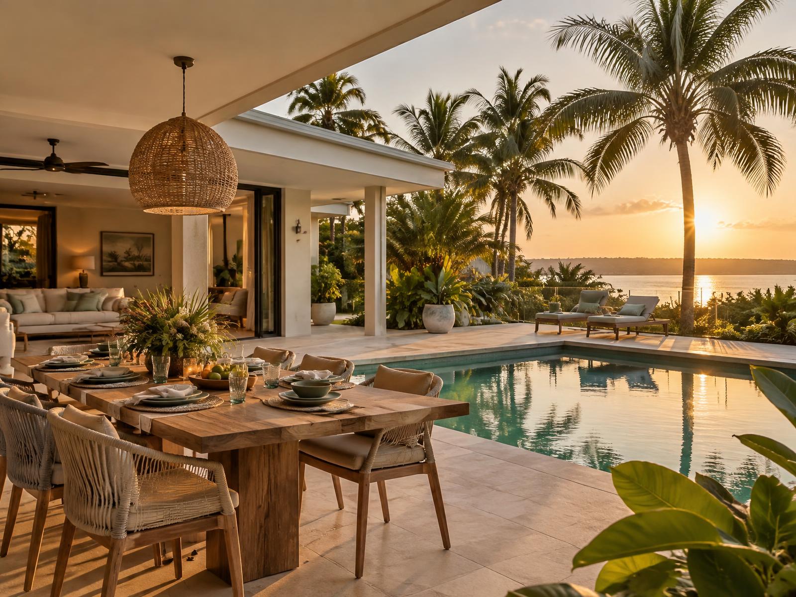Tropical family home with pool and outdoor dining at sunset