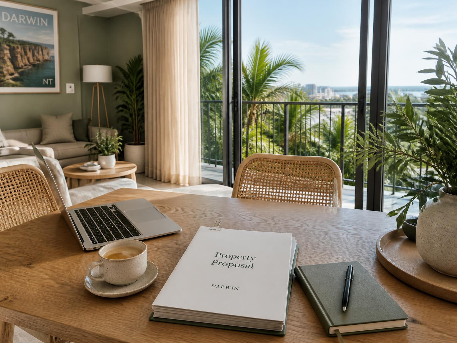 Property proposal, laptop and coffee on a table in a styled Darwin apartment