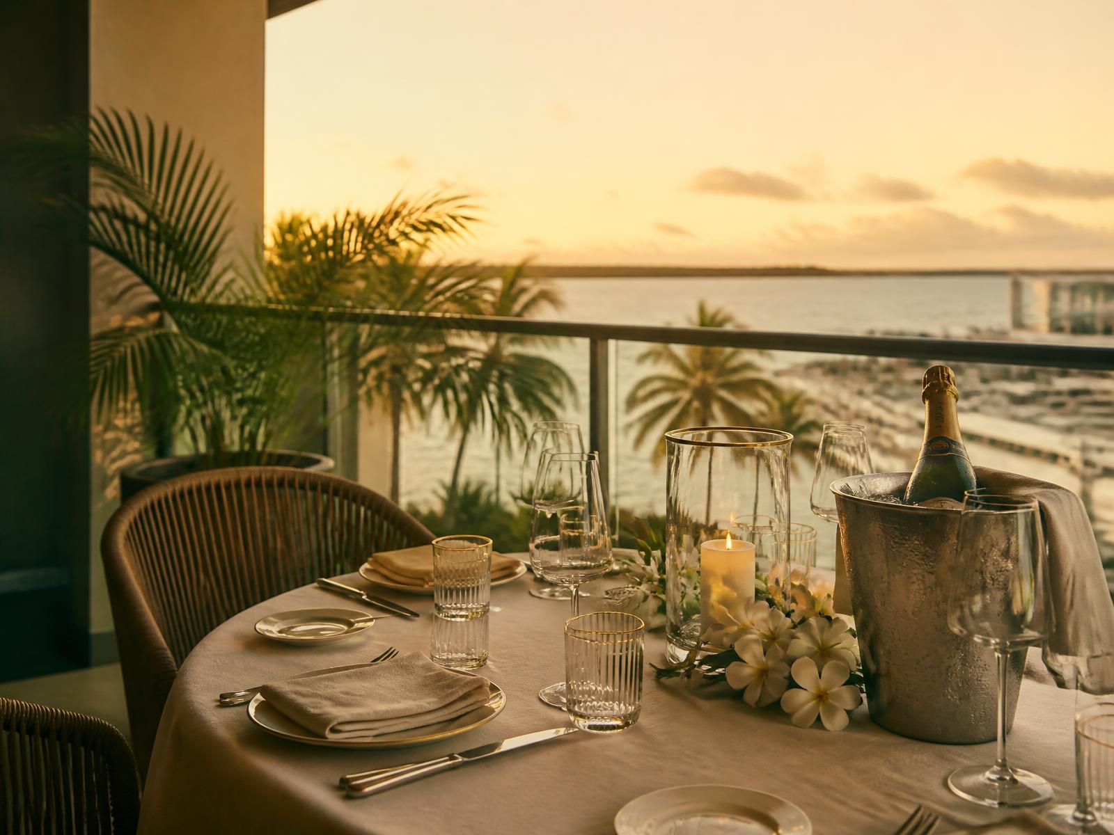 Private balcony dining setting overlooking Darwin Harbour at sunset